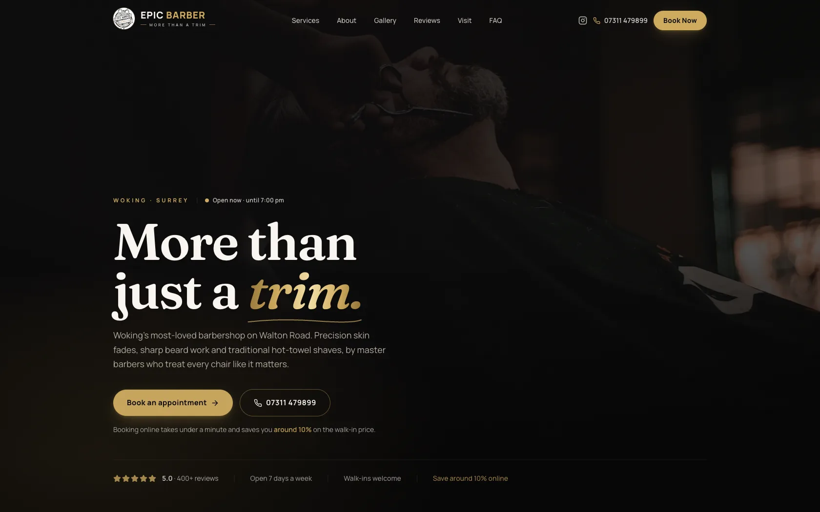 Epic Barber website with a dark, gold-lit hero photograph of a hot-towel shave