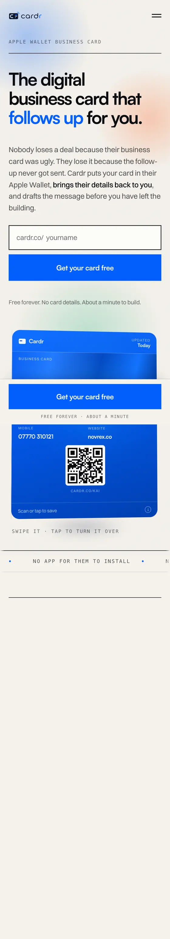 The Cardr website Novrex designed and built, shown on a phone