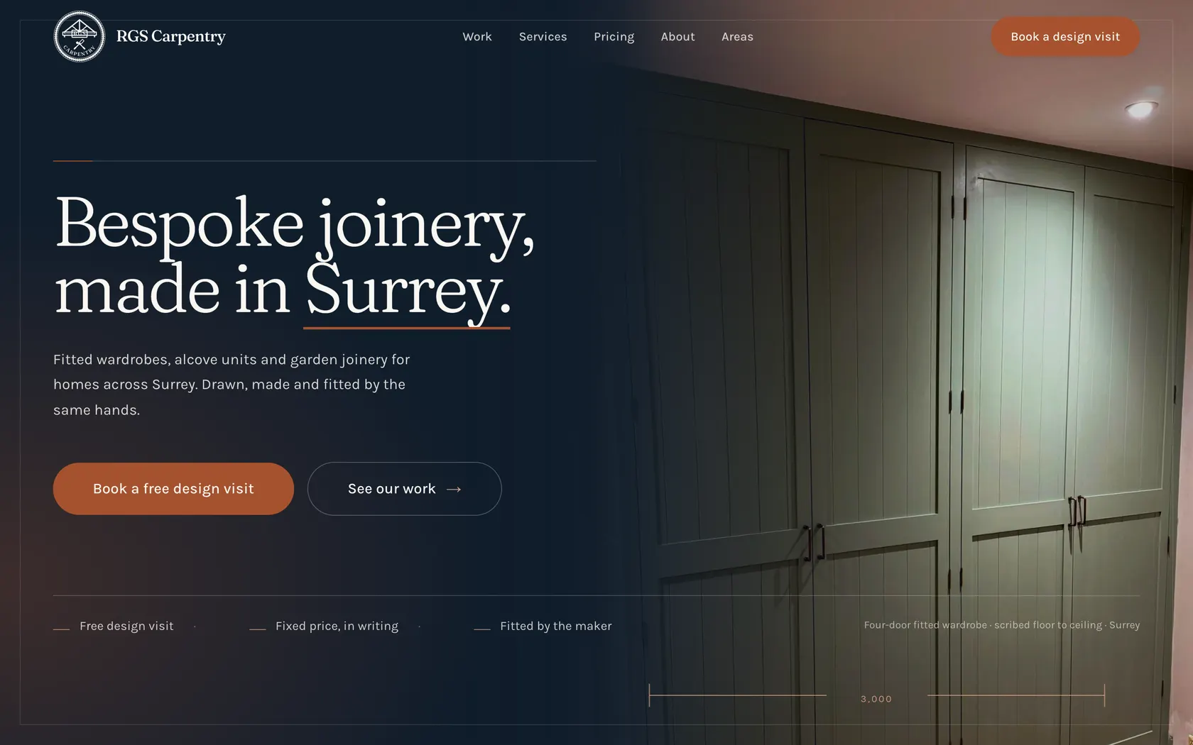 RGS Carpentry website showing a bespoke fitted wardrobe photographed in situ